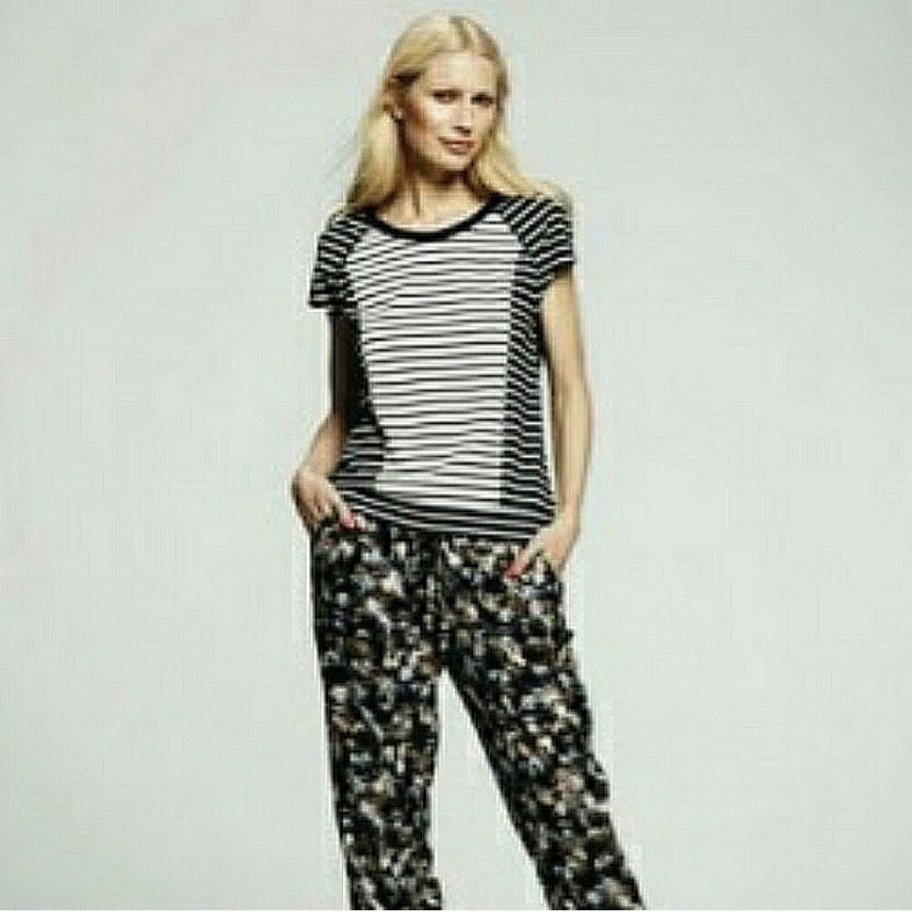 Peter Som Contrast Stipe Tee Scoop Neck Black White  Small